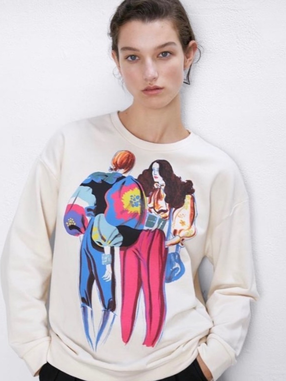 🔴 4/$15 ZARA Women’s S Multi Cream & Blue Graphic Illustrated Sweatshirt in GUC